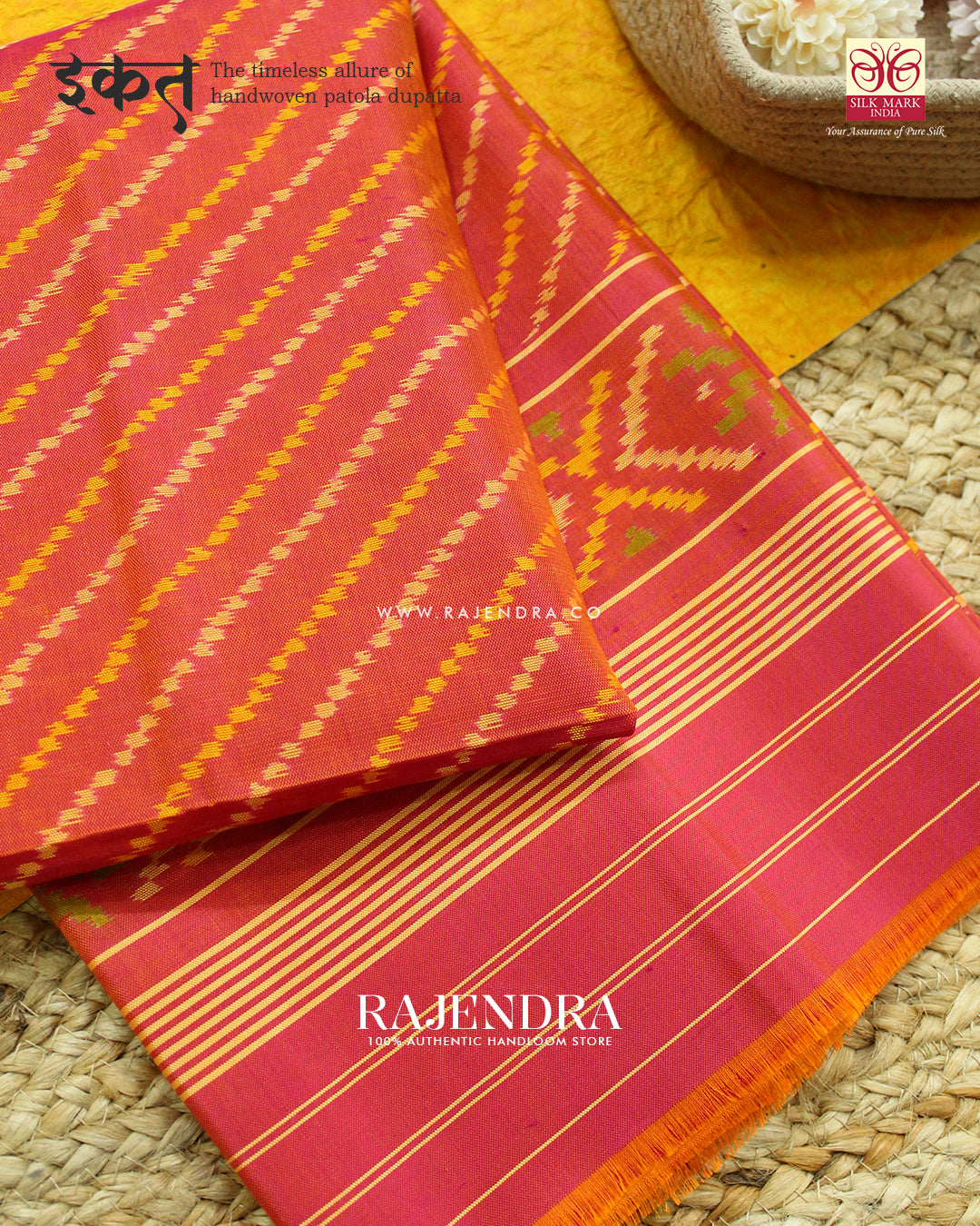 Exclusive Laheriya Peach Single Ikat Rajkot Patola Dupatta