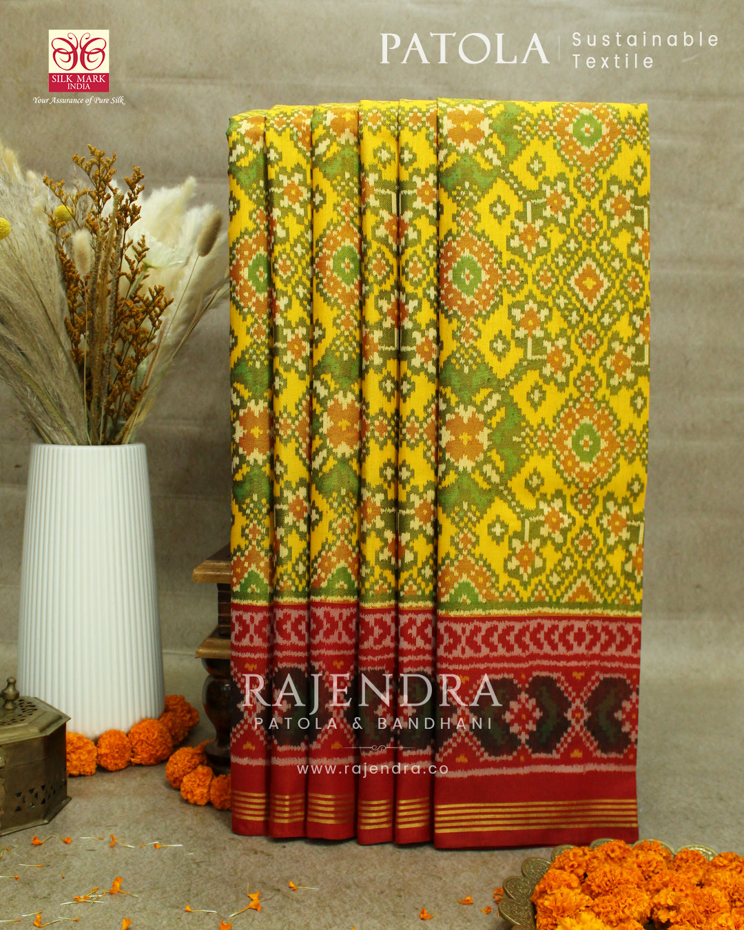 Traditional Navratna Bhat Red and Yellow Semi Double Weave Rajkot Patola Saree