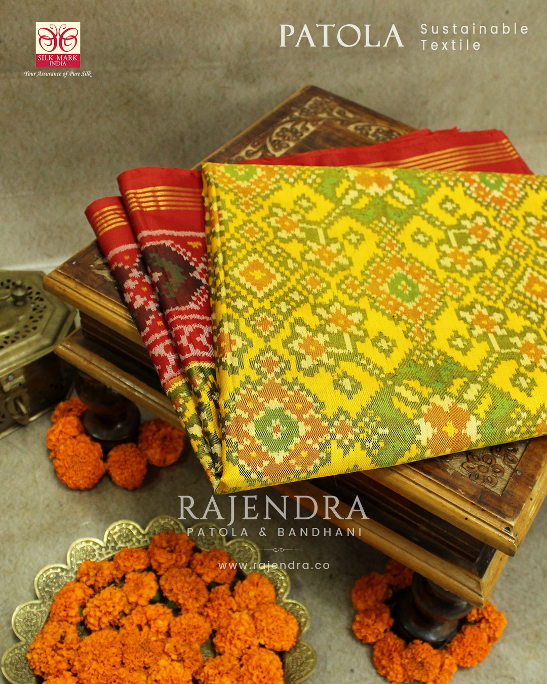 Traditional Navratna Bhat Red and Yellow Semi Double Weave Rajkot Patola Saree
