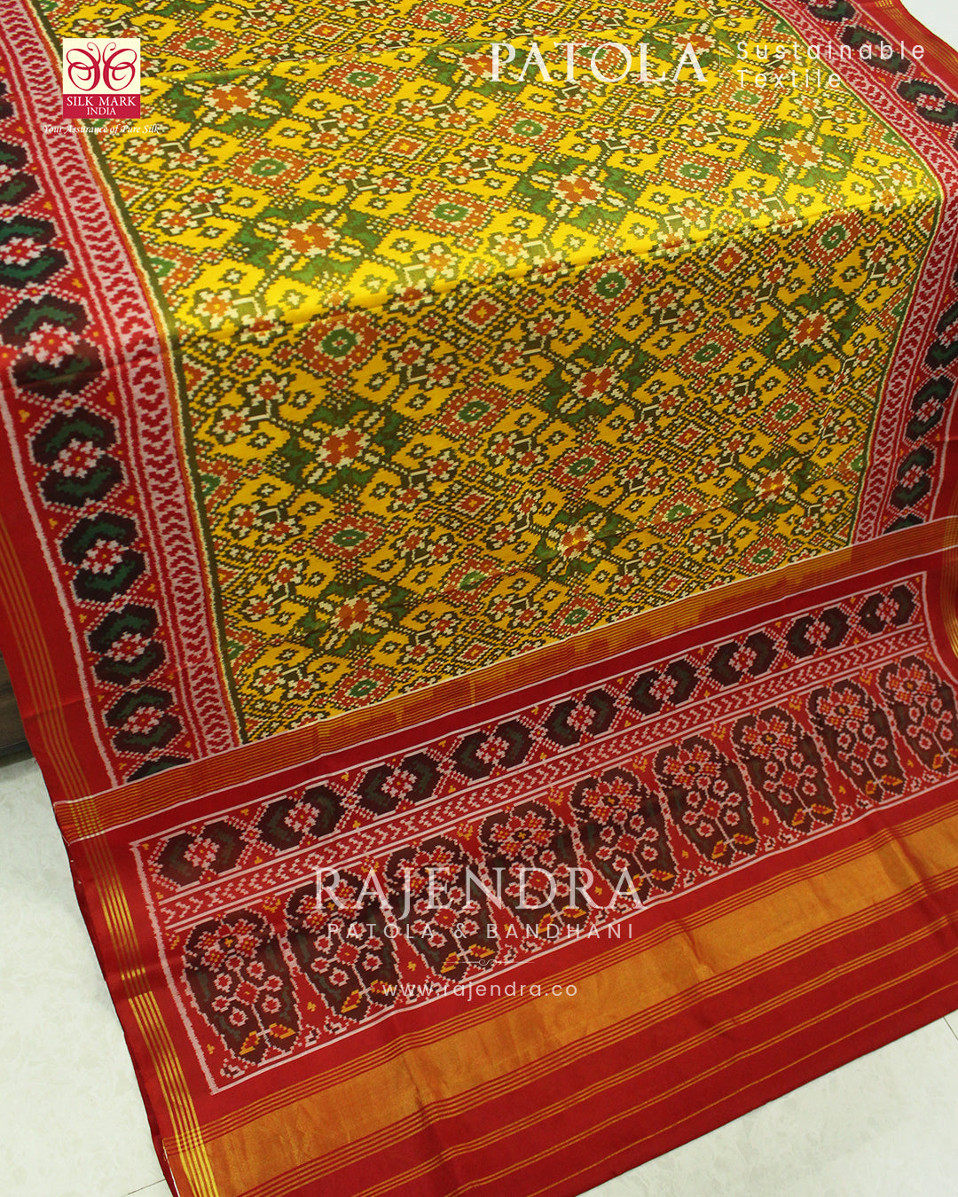 Traditional Navratna Bhat Red and Yellow Semi Double Weave Rajkot Patola Saree