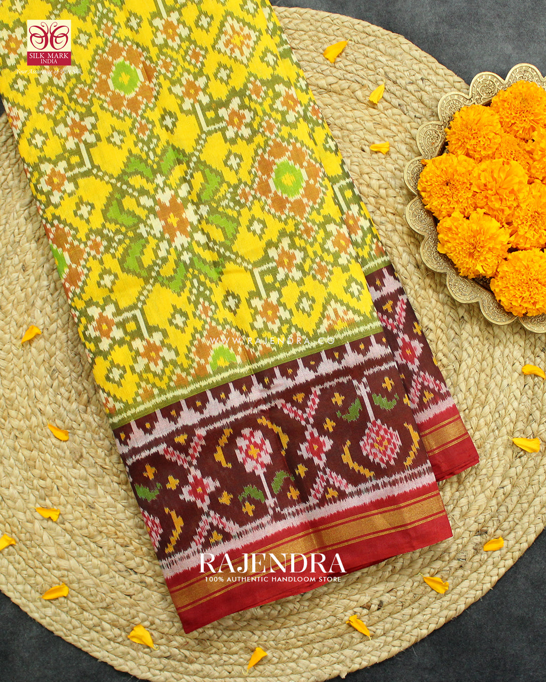 Traditional Navratna Red and Yellow Single Ikat Rajkot Patola Saree