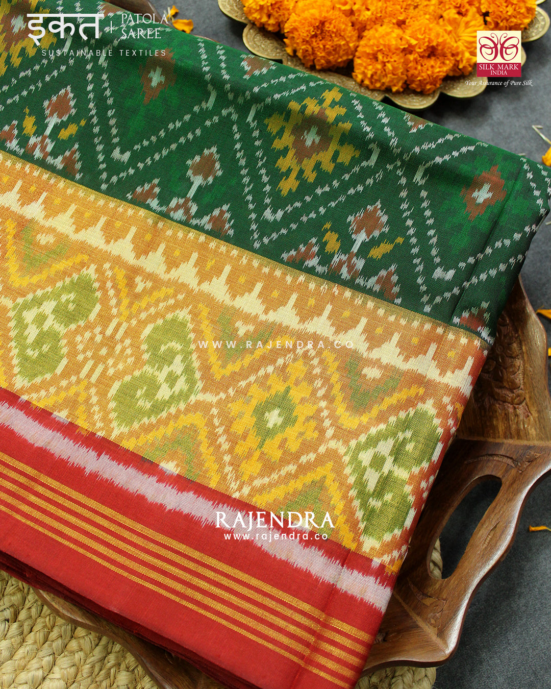 Traditional Panchanda Design Red Green Single Ikat Rajkot Patola Saree