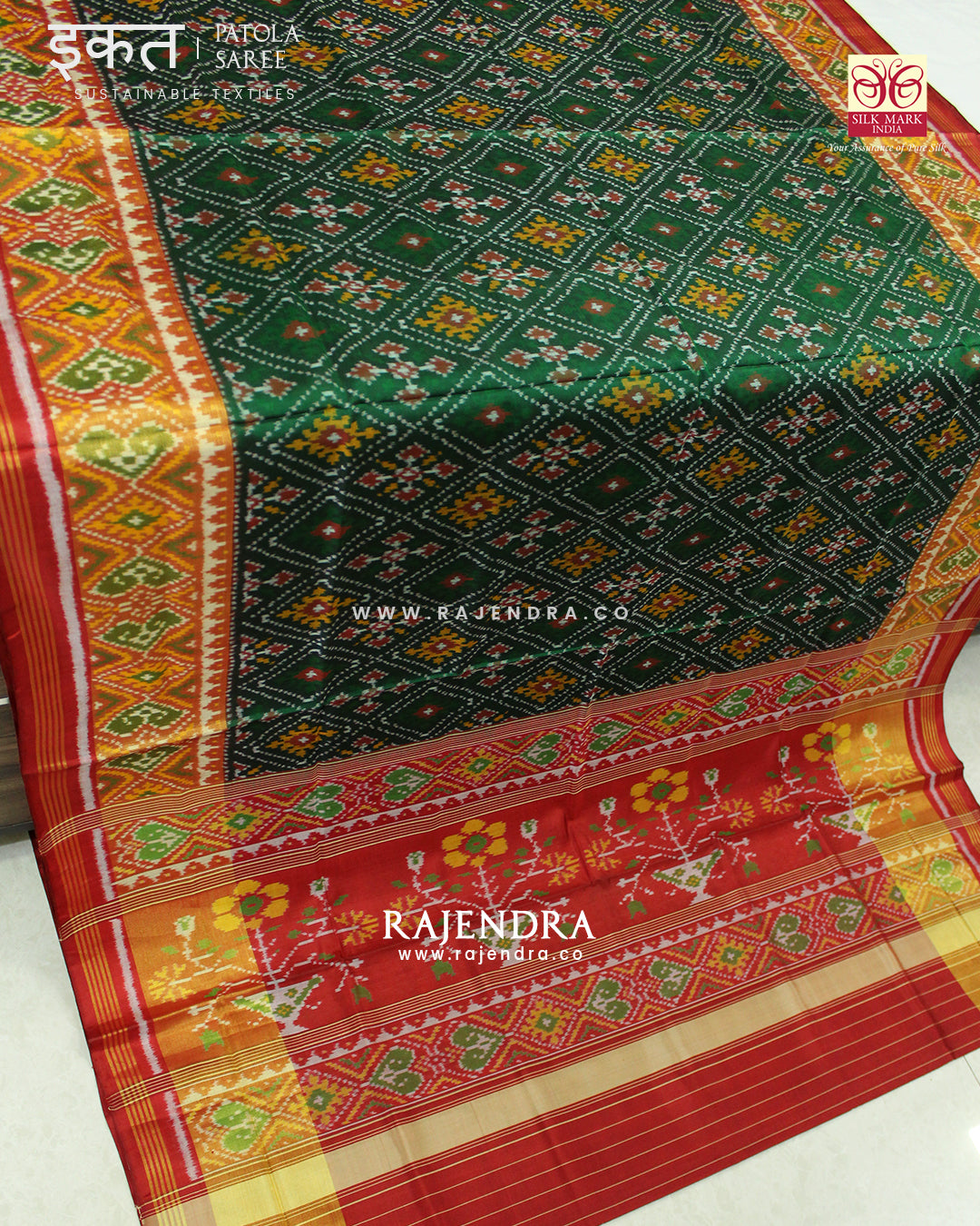 Traditional Panchanda Design Red Green Single Ikat Rajkot Patola Saree
