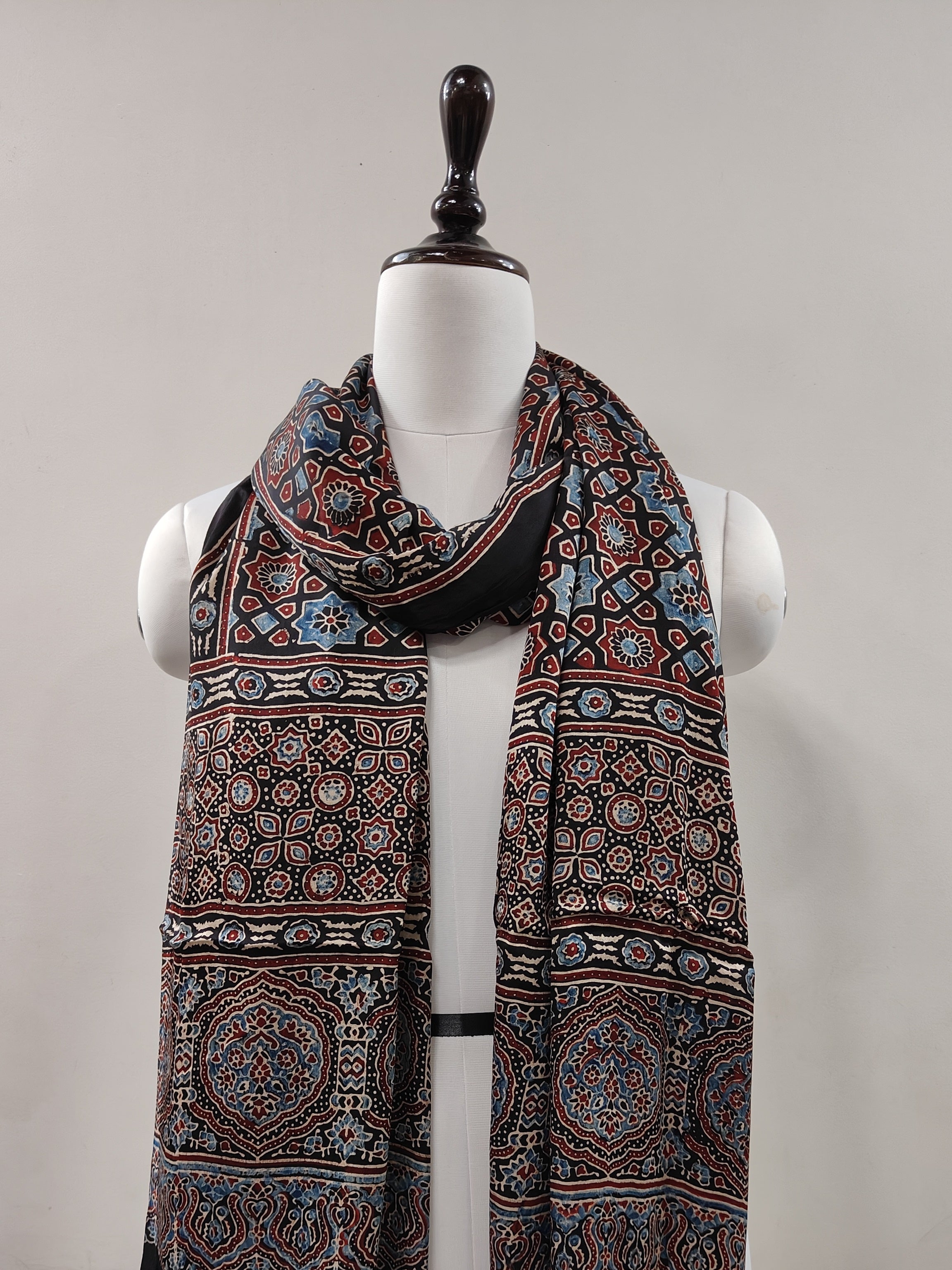 Traditional Ajrakh Black Natural Dyed Modal Silk Dupatta –