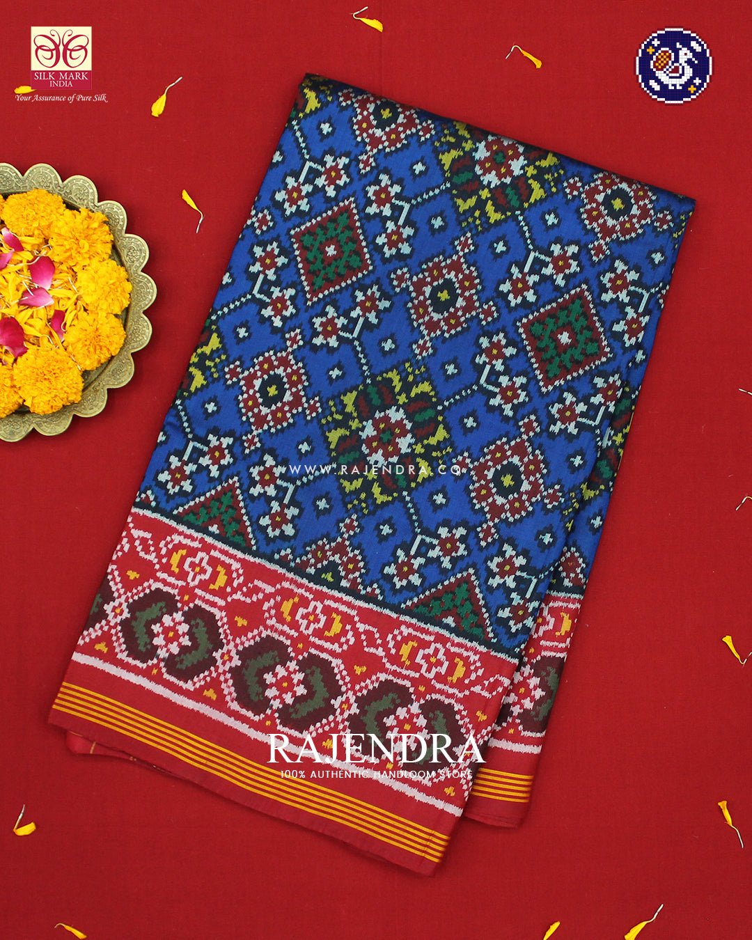 Traditional Navratna Design Red and Blue Ikat Patola Saree