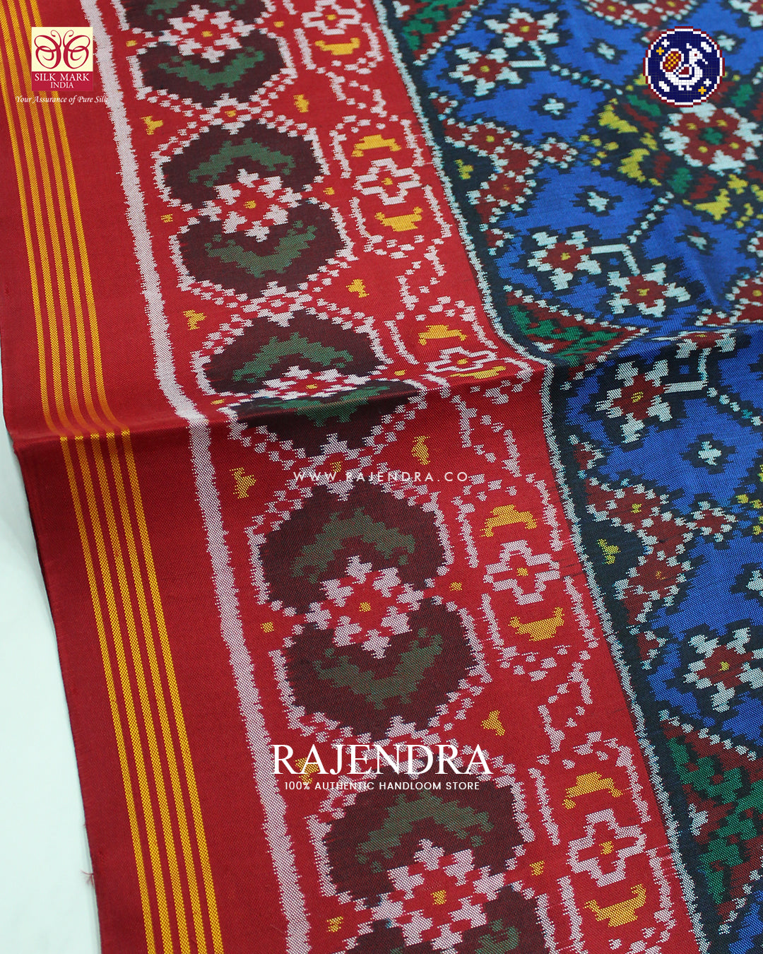 Traditional Navratna Design Red and Blue Ikat Patola Saree