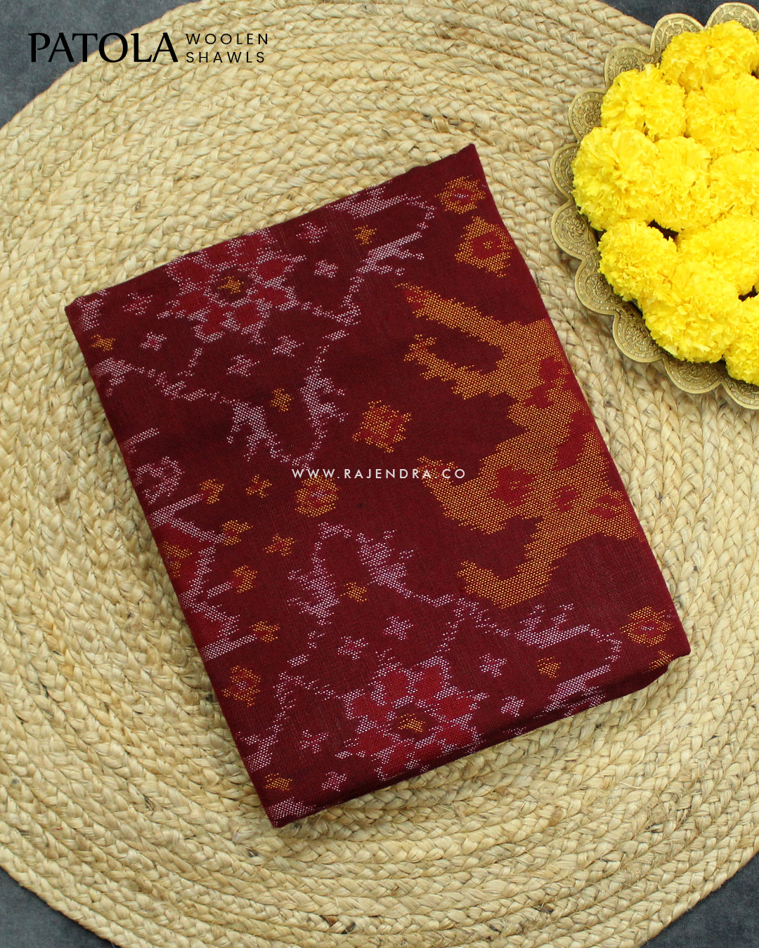 Handwoven 3 Figure Design Maroon Woolen Patola Shawls