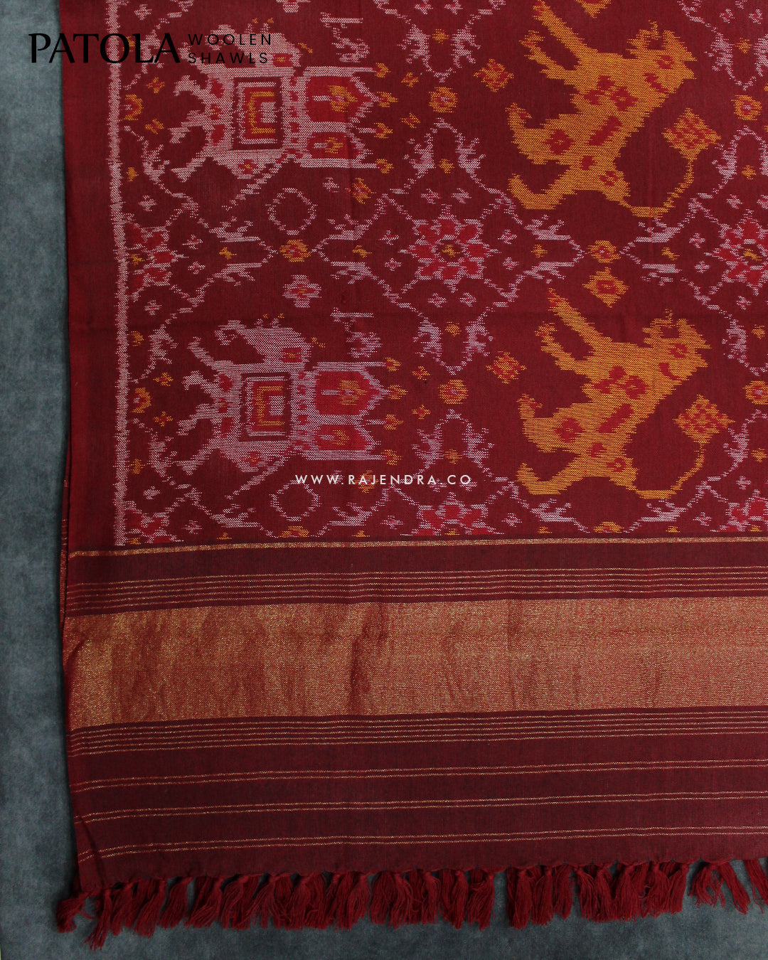 Handwoven 3 Figure Design Maroon Woolen Patola Shawls