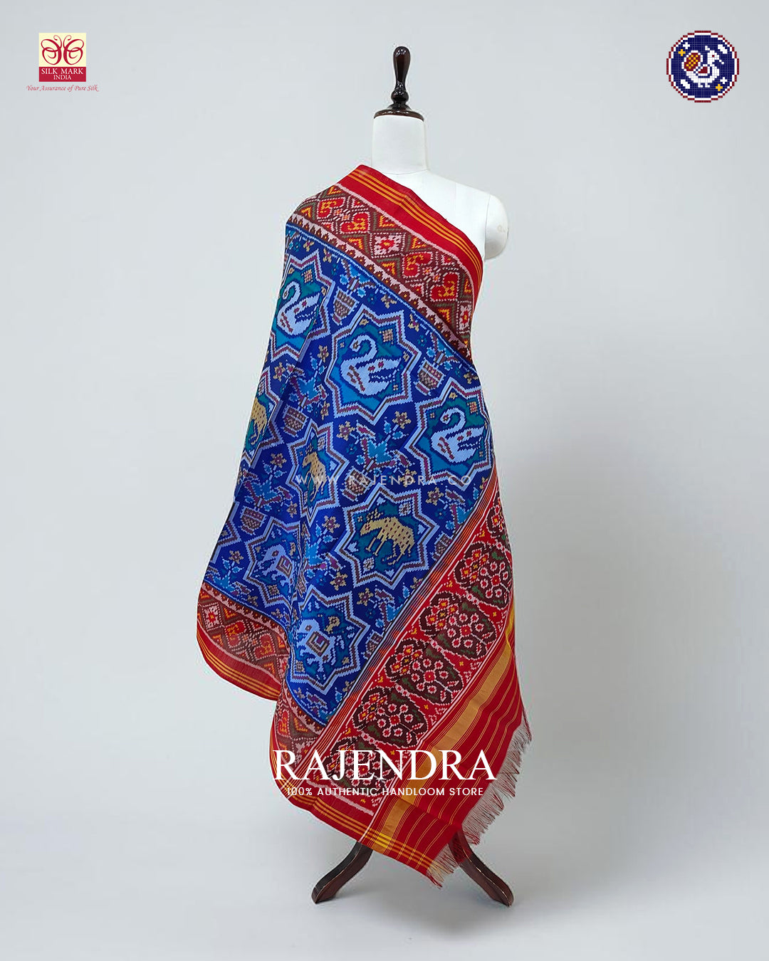 Traditional 3 Figure Design Red and Blue Ikat Rajkot Patola Dupatta