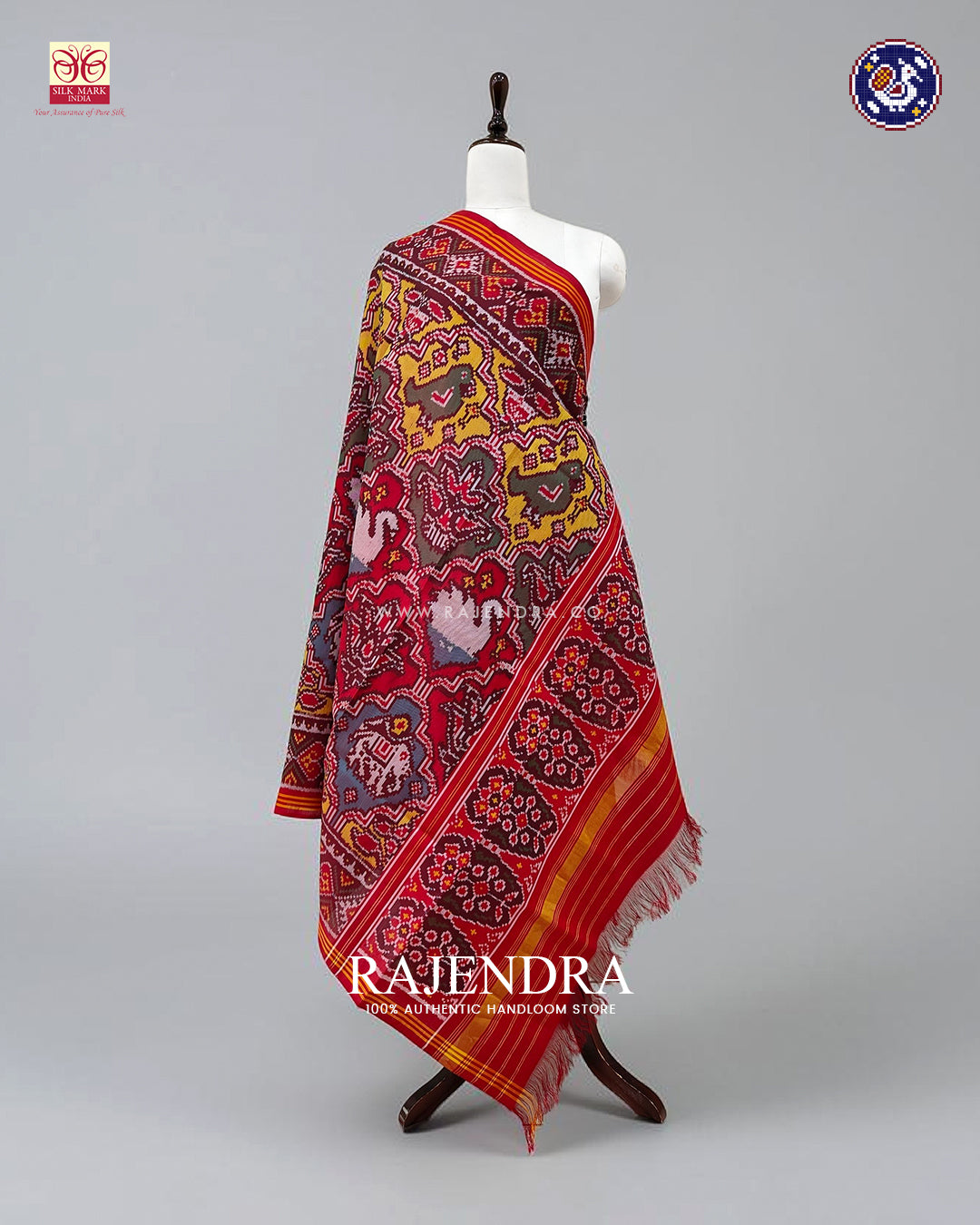 Traditional 3 Figure Design Red Ikat Rajkot Patola Dupatta