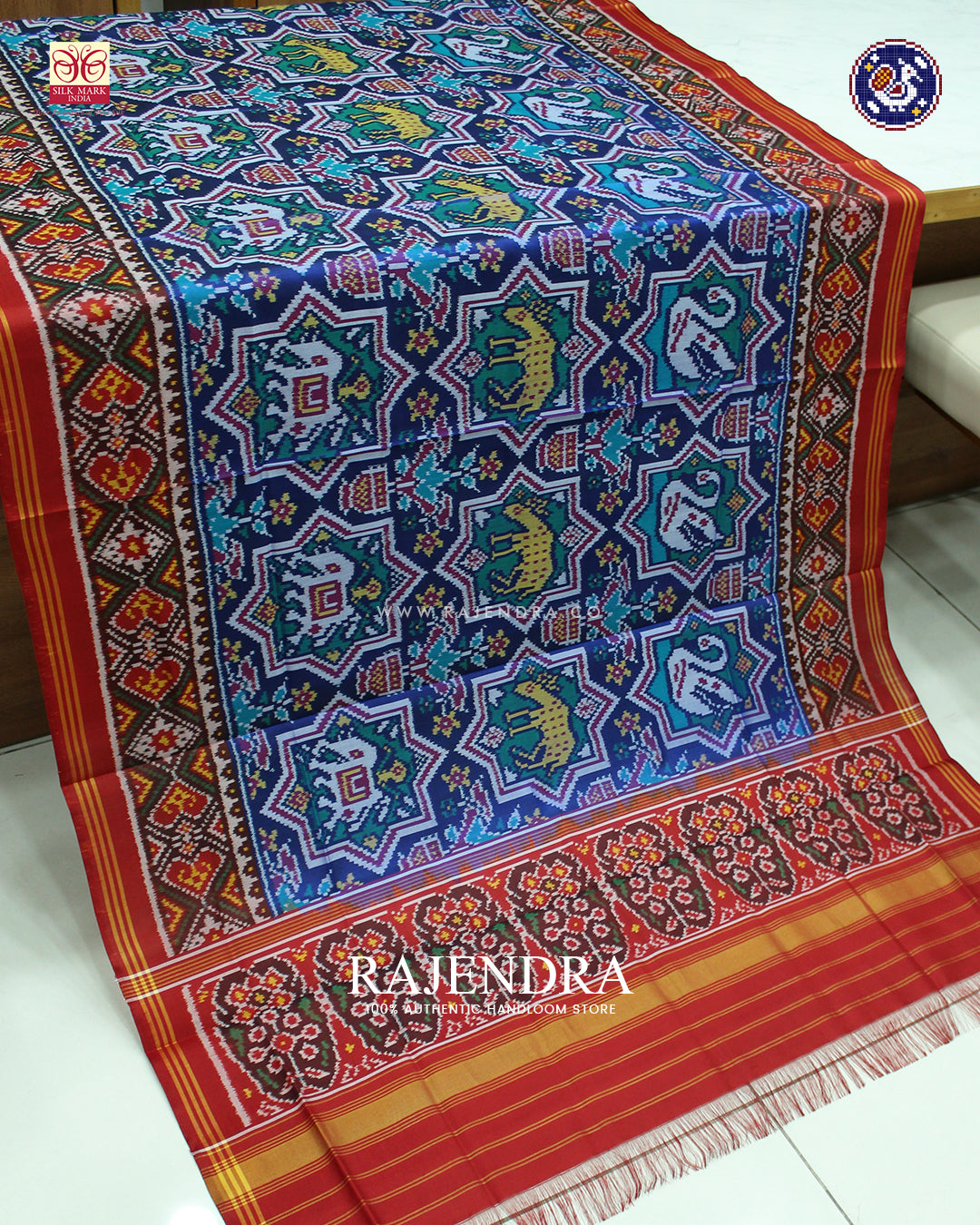 Traditional 3 Figure Design Red and Blue Ikat Rajkot Patola Dupatta