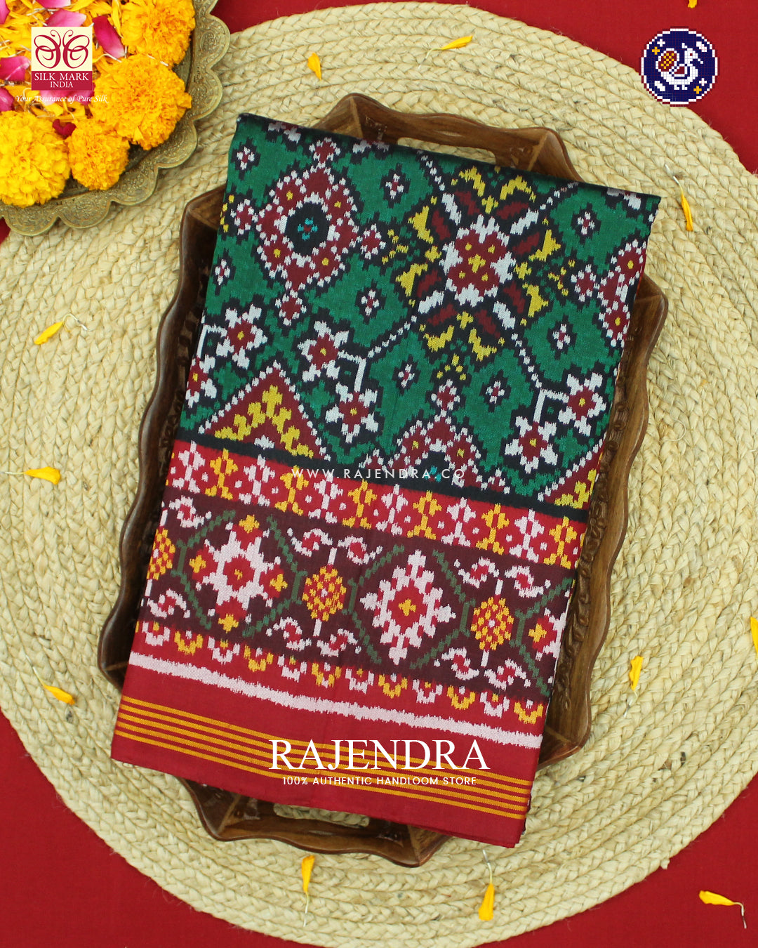 Traditional Navratna Design Red and Blue Ikat Rajkot Patola Saree