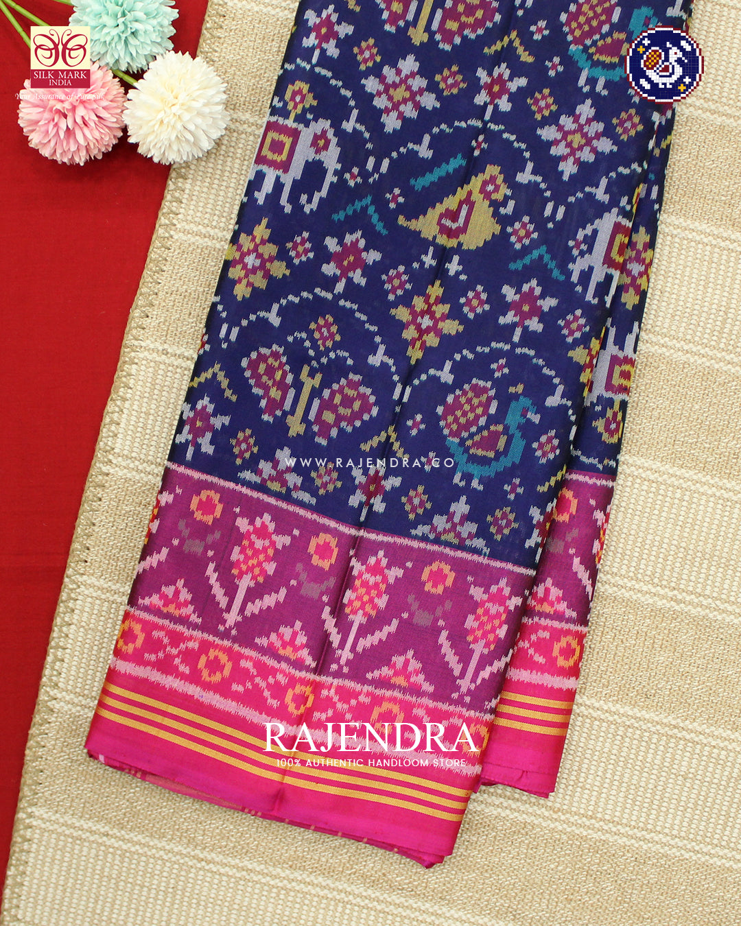 Exclusive 4 Figure Pink and Blue Ikat Rajkot Patola Saree