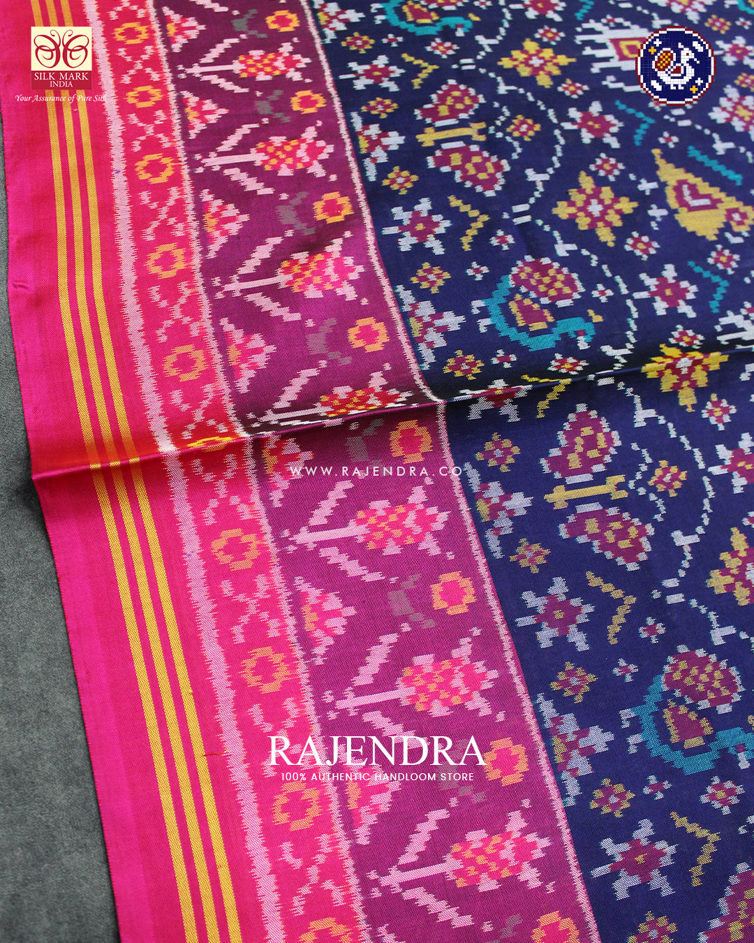 Exclusive 4 Figure Pink and Blue Ikat Rajkot Patola Saree