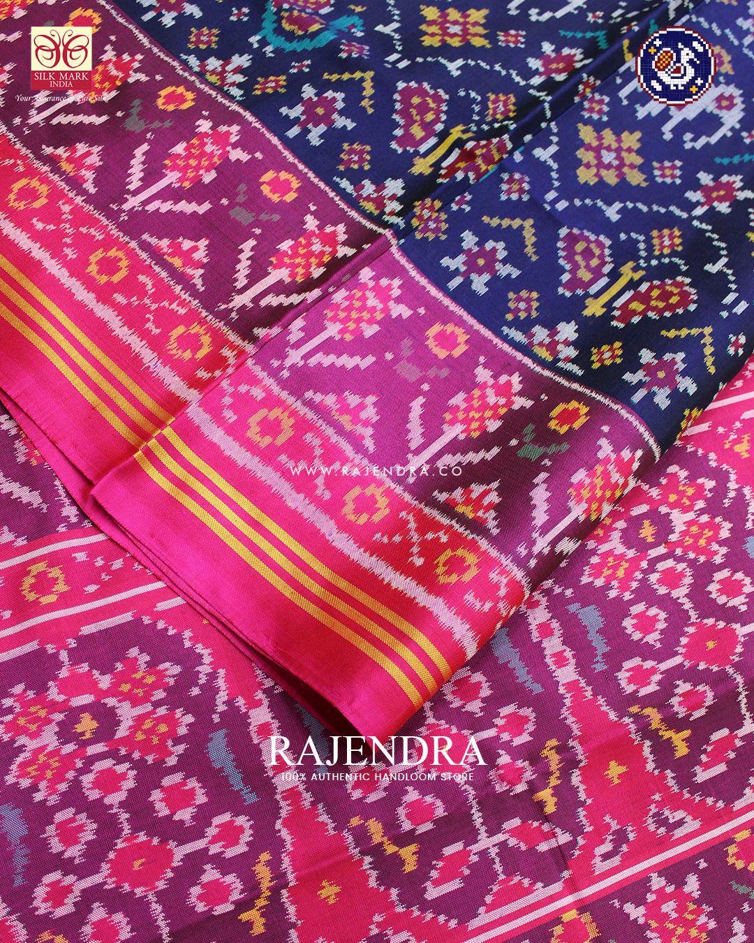 Exclusive 4 Figure Pink and Blue Ikat Rajkot Patola Saree