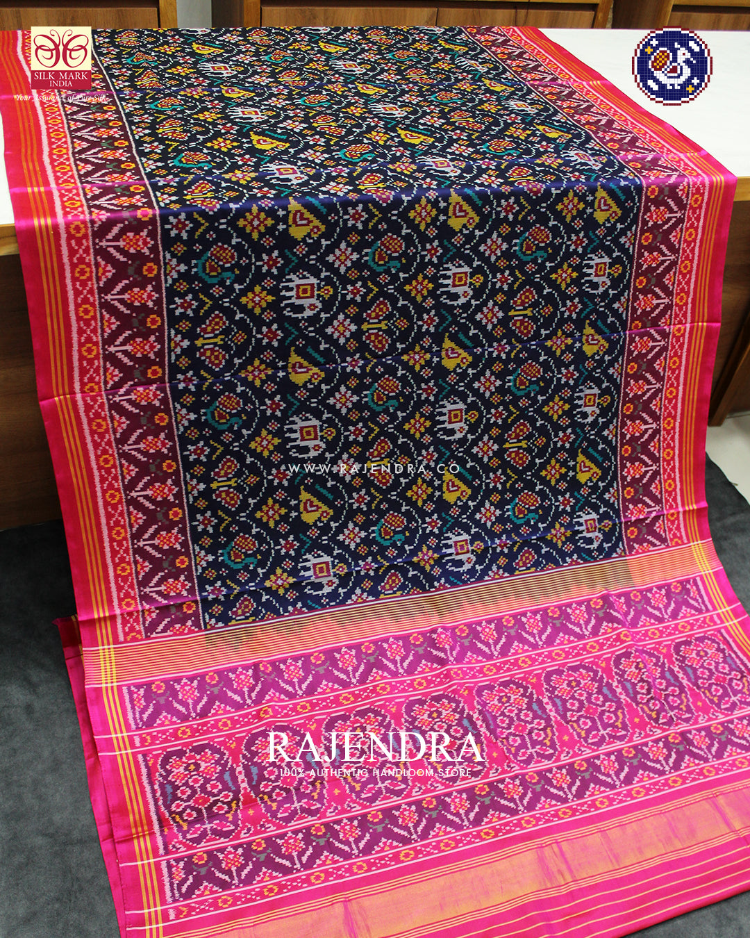 Exclusive 4 Figure Pink and Blue Ikat Rajkot Patola Saree