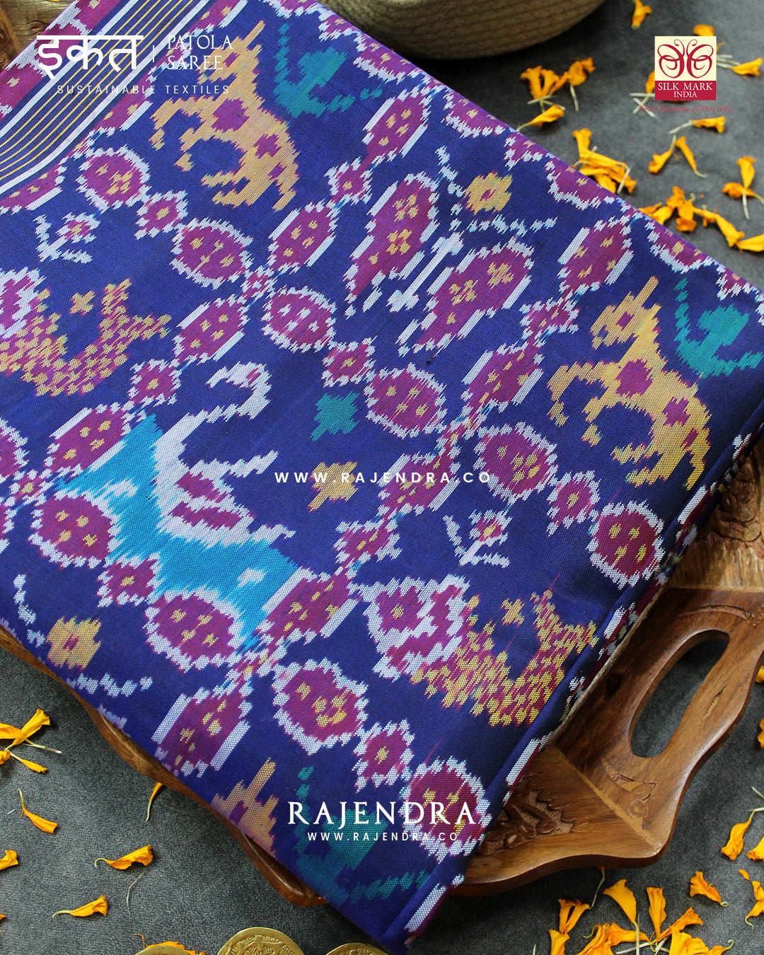 Traditional 4 Figure Navy Blue Semi Double Ikat Rajkot Patola Saree