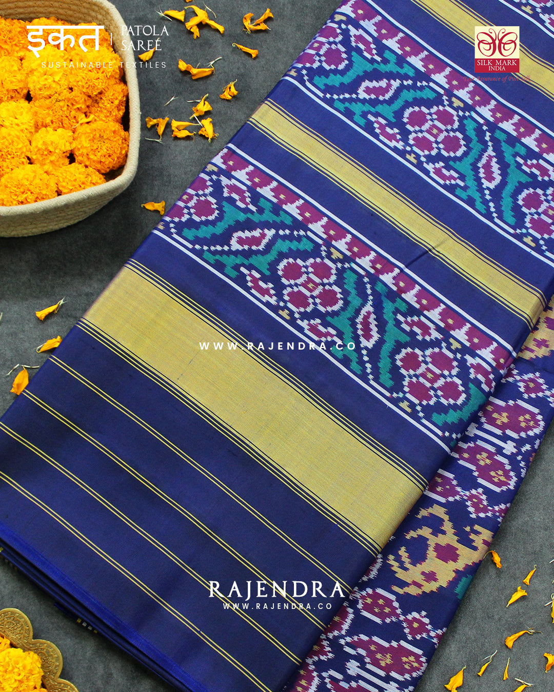 Traditional 4 Figure Navy Blue Semi Double Ikat Rajkot Patola Saree