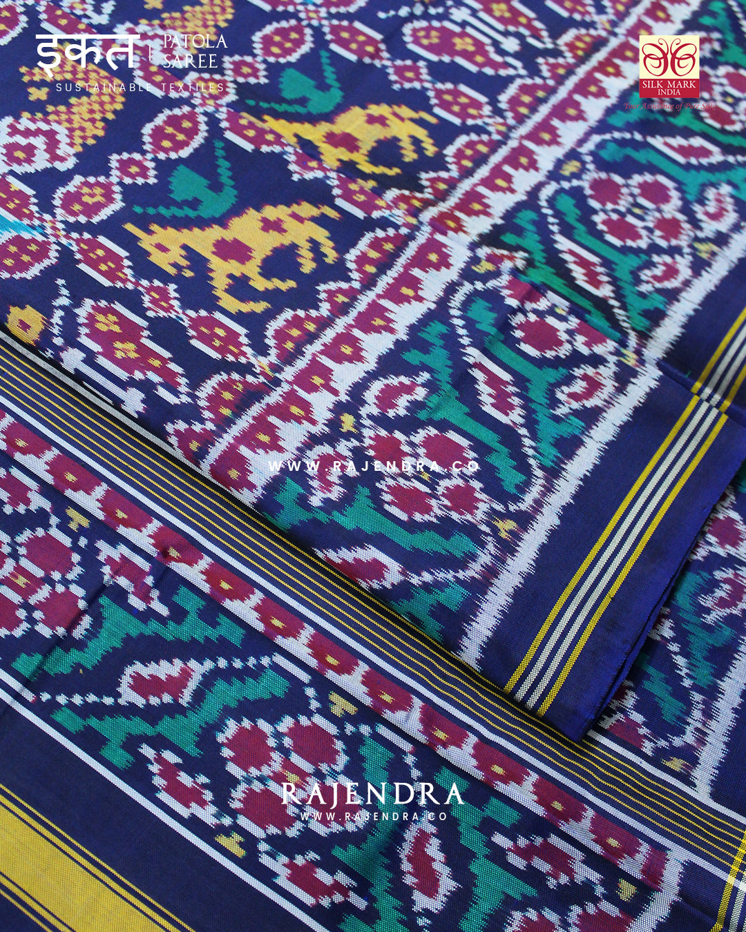 Traditional 4 Figure Navy Blue Semi Double Ikat Rajkot Patola Saree