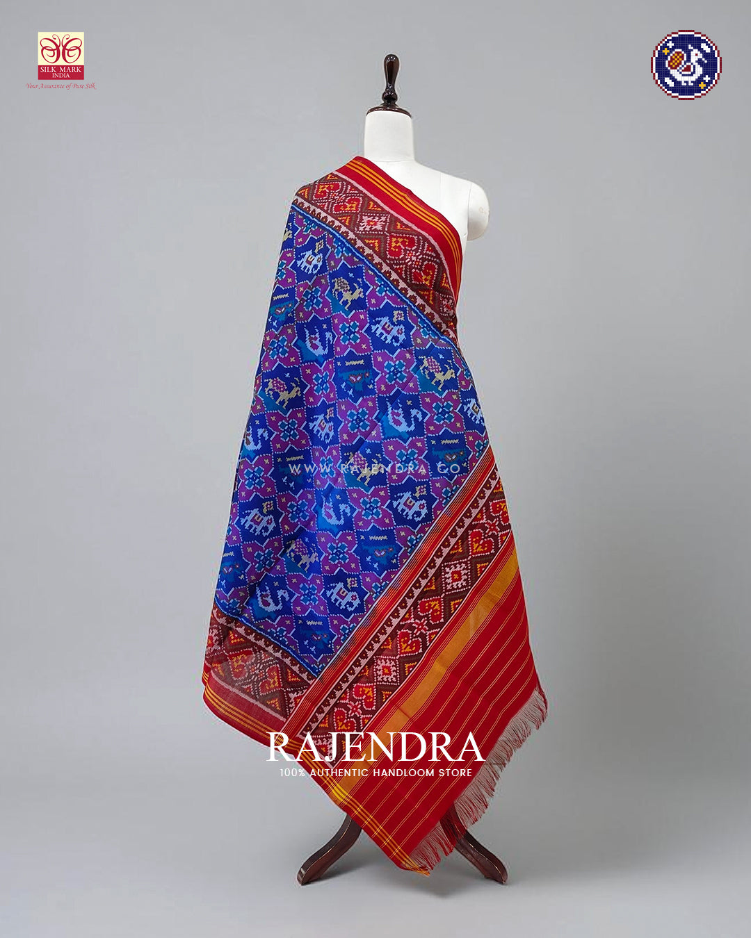 Traditional 4 Figure Design Red and Blue Ikat Rajkot Patola Dupatta