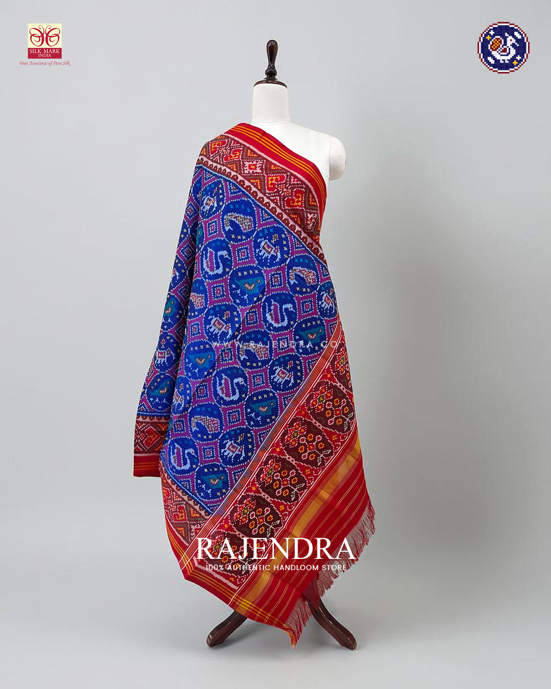 Traditional 4 Figure Design Red and Blue Ikat Rajkot Patola Dupatta
