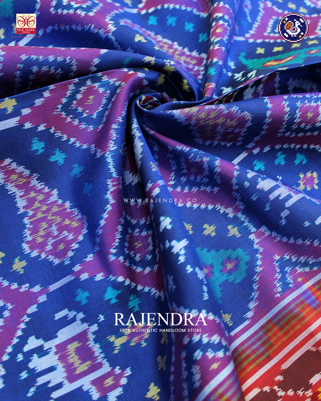 Traditional 4 Figure Design Red and Blue Ikat Rajkot Patola Dupatta