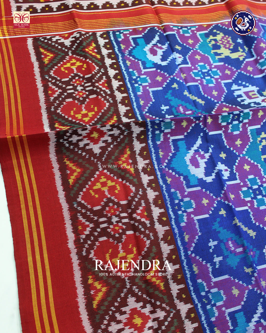 Traditional 4 Figure Design Red and Blue Ikat Rajkot Patola Dupatta