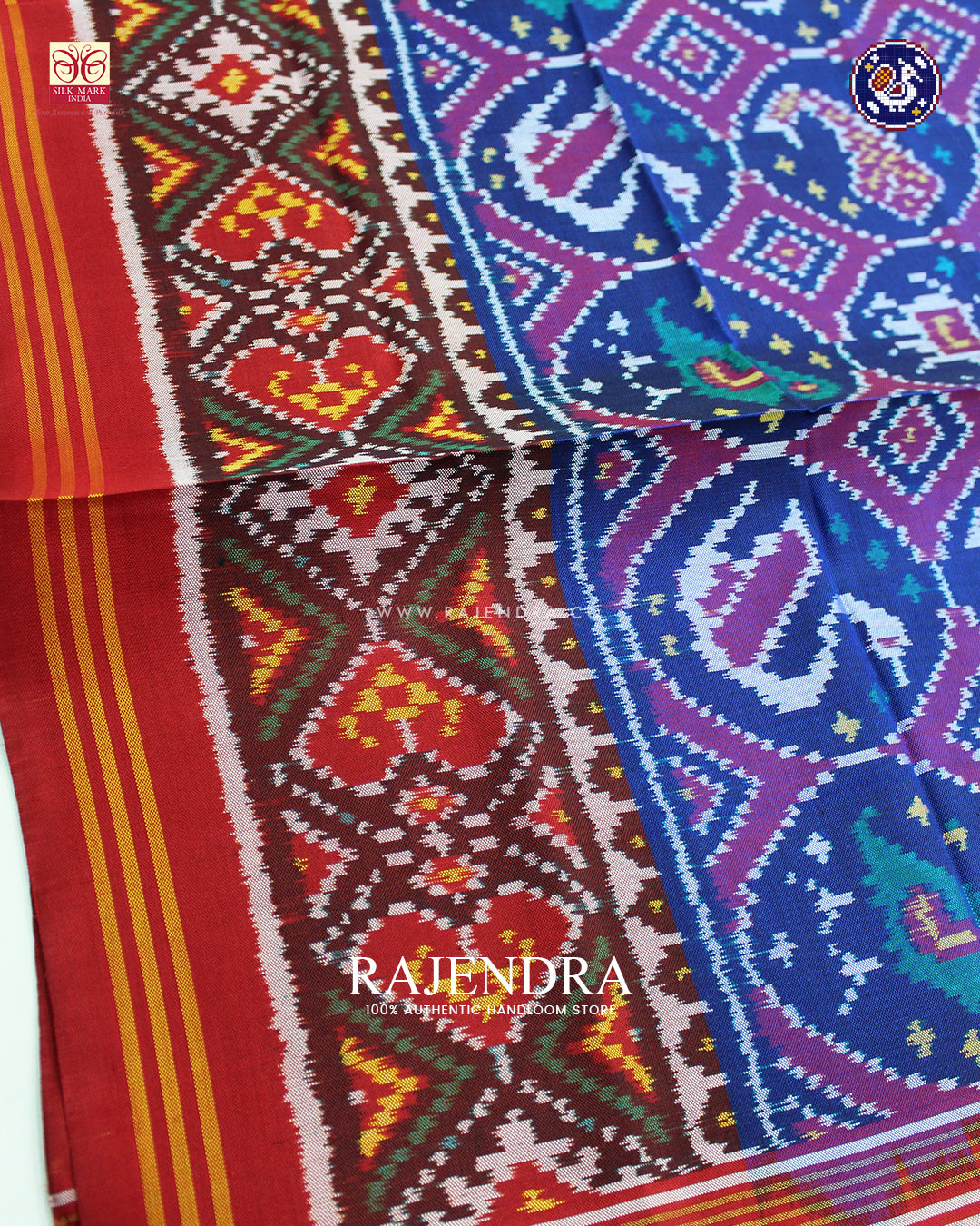 Traditional 4 Figure Design Red and Blue Ikat Rajkot Patola Dupatta