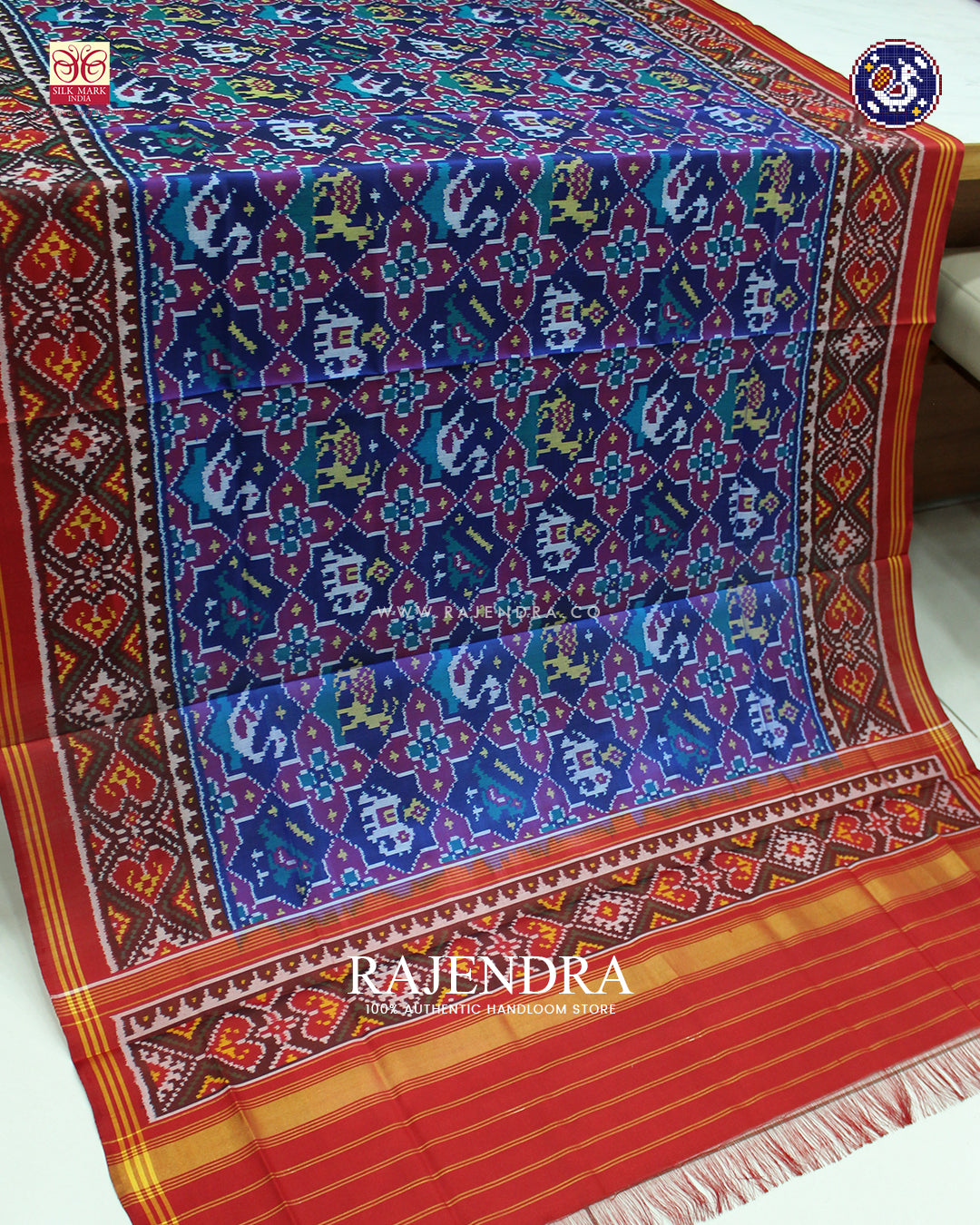 Traditional 4 Figure Design Red and Blue Ikat Rajkot Patola Dupatta