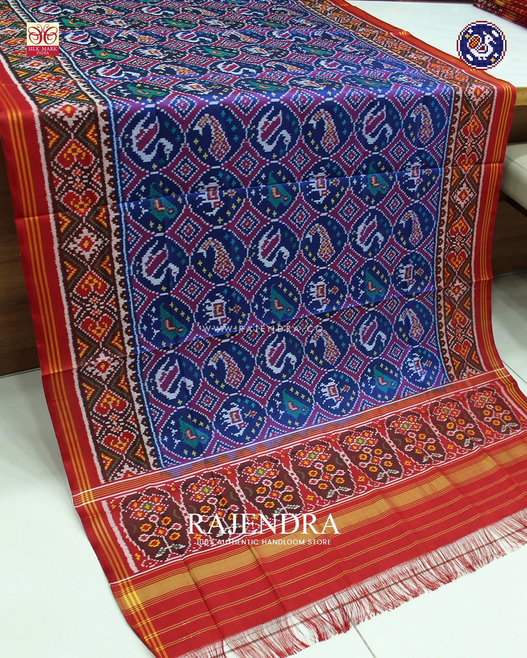 Traditional 4 Figure Design Red and Blue Ikat Rajkot Patola Dupatta