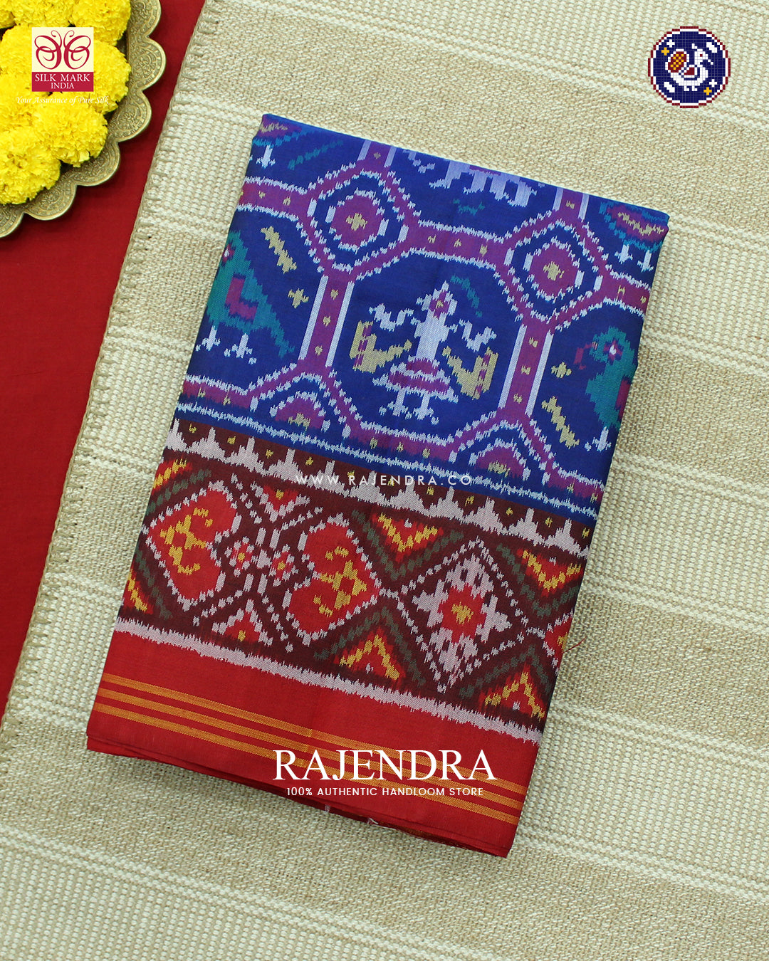 Exclusive 4 Figure Design Red and Blue Ikat Rajkot Patola Saree