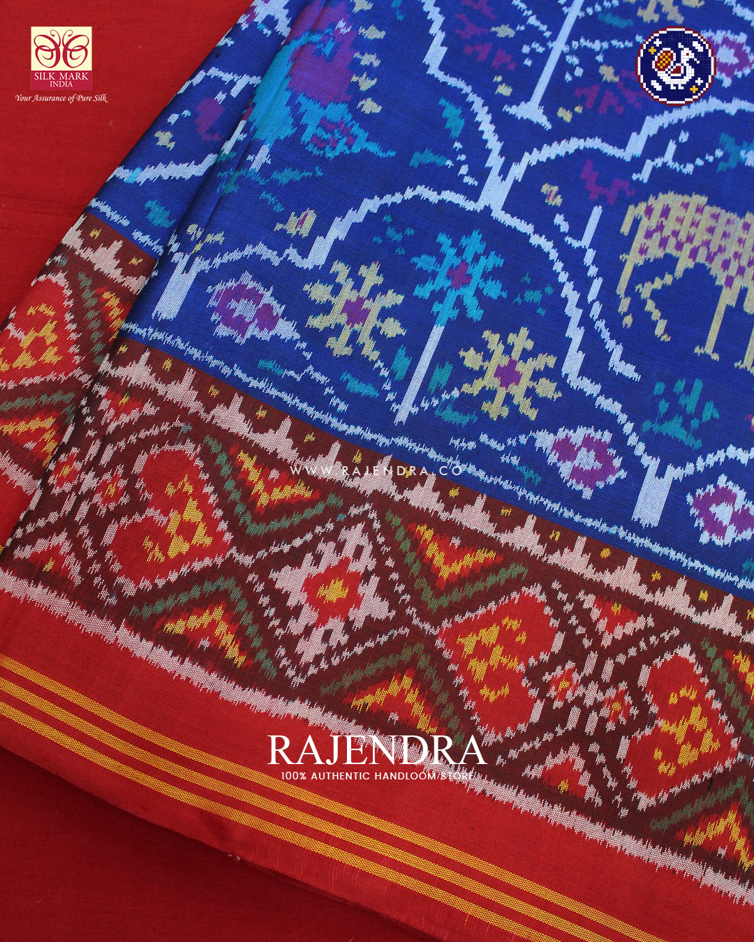 Exclusive 4 Figure Design Red and Blue Ikat Rajkot Patola Saree