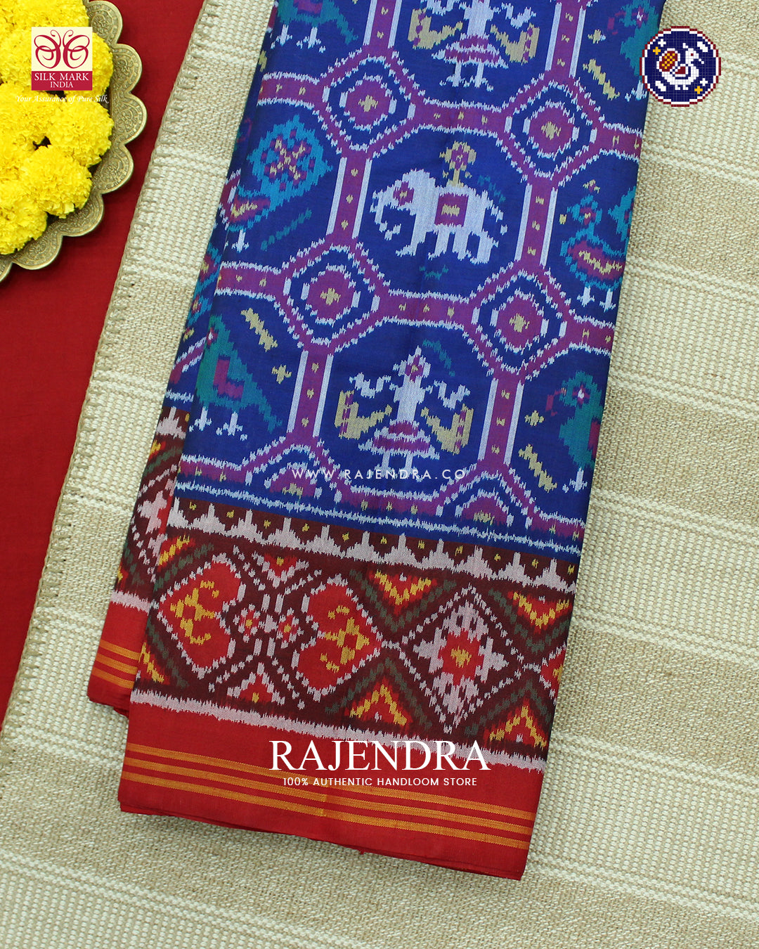 Exclusive 4 Figure Design Red and Blue Ikat Rajkot Patola Saree