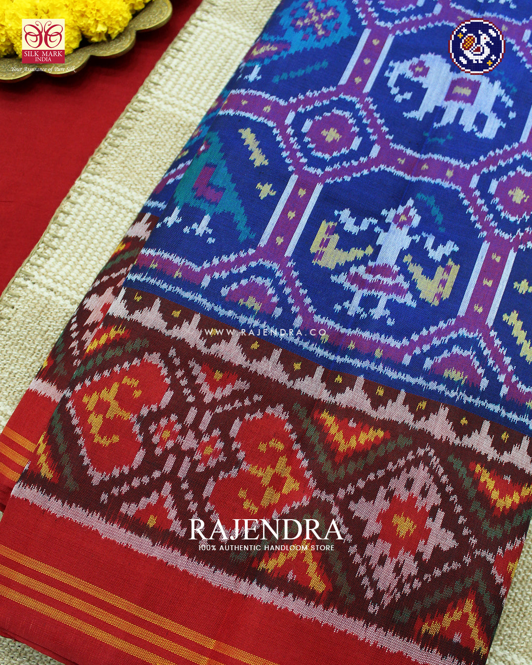 Exclusive 4 Figure Design Red and Blue Ikat Rajkot Patola Saree