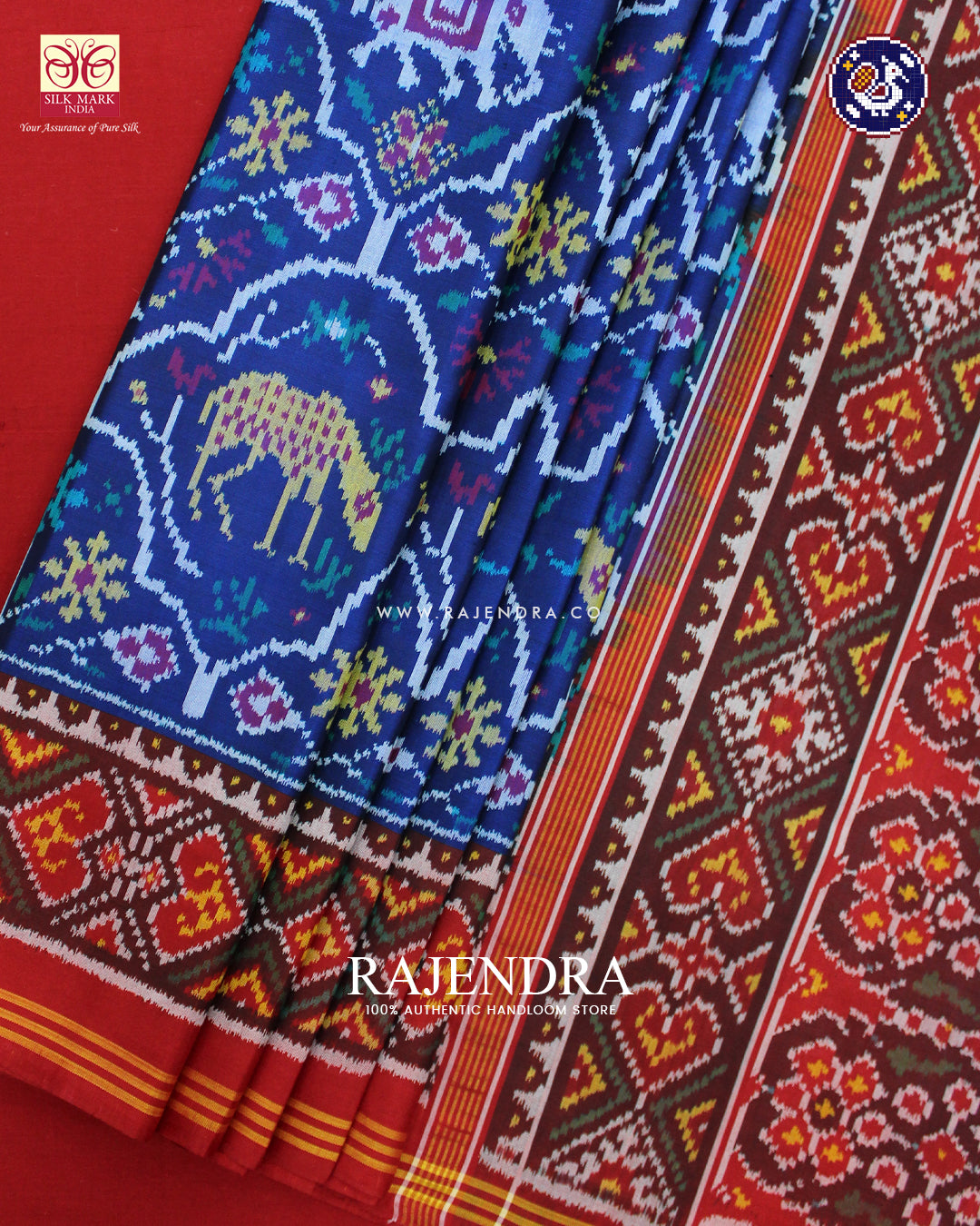 Exclusive 4 Figure Design Red and Blue Ikat Rajkot Patola Saree