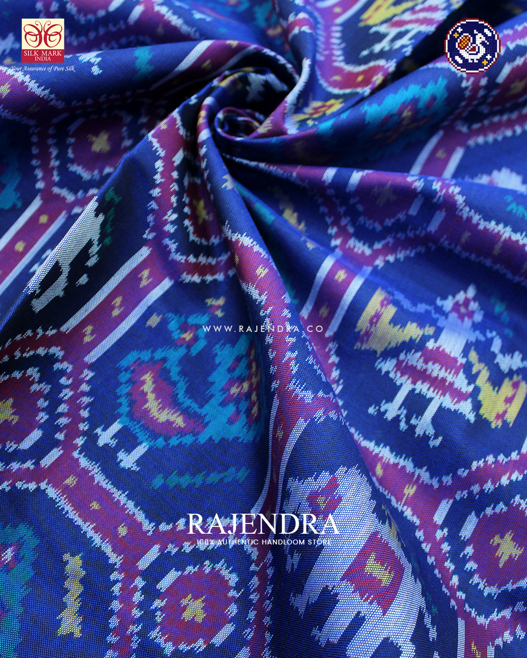 Exclusive 4 Figure Design Red and Blue Ikat Rajkot Patola Saree