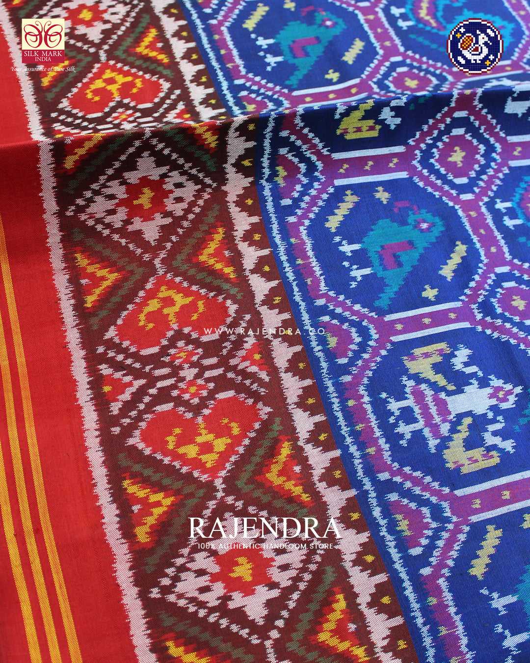 Exclusive 4 Figure Design Red and Blue Ikat Rajkot Patola Saree