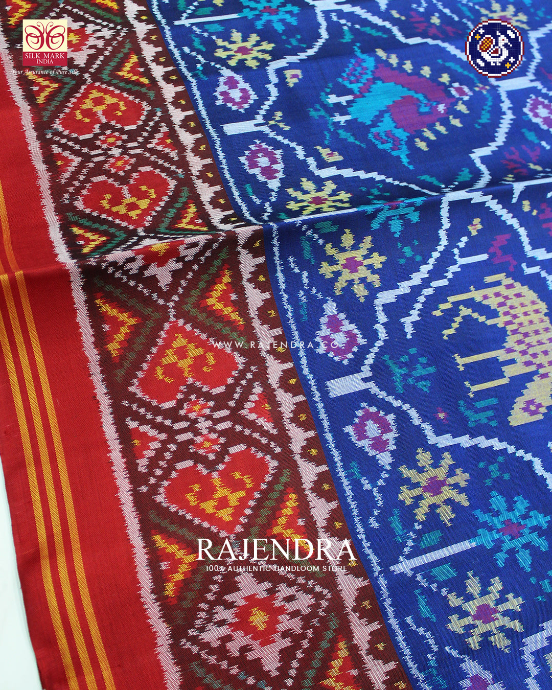 Exclusive 4 Figure Design Red and Blue Ikat Rajkot Patola Saree