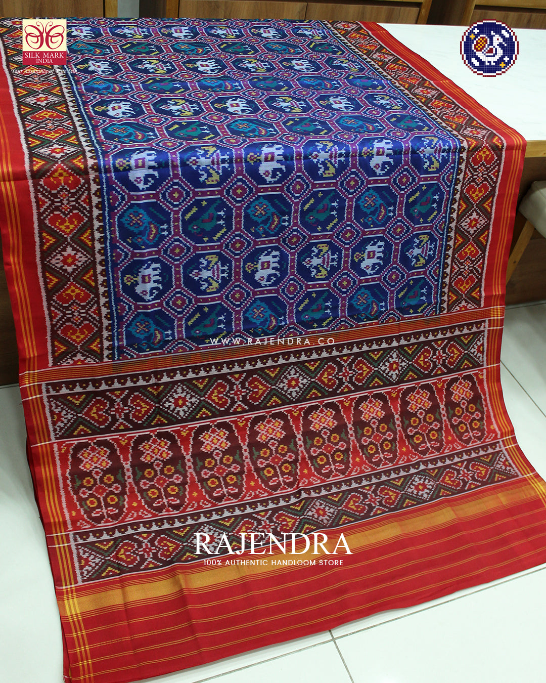 Exclusive 4 Figure Design Red and Blue Ikat Rajkot Patola Saree