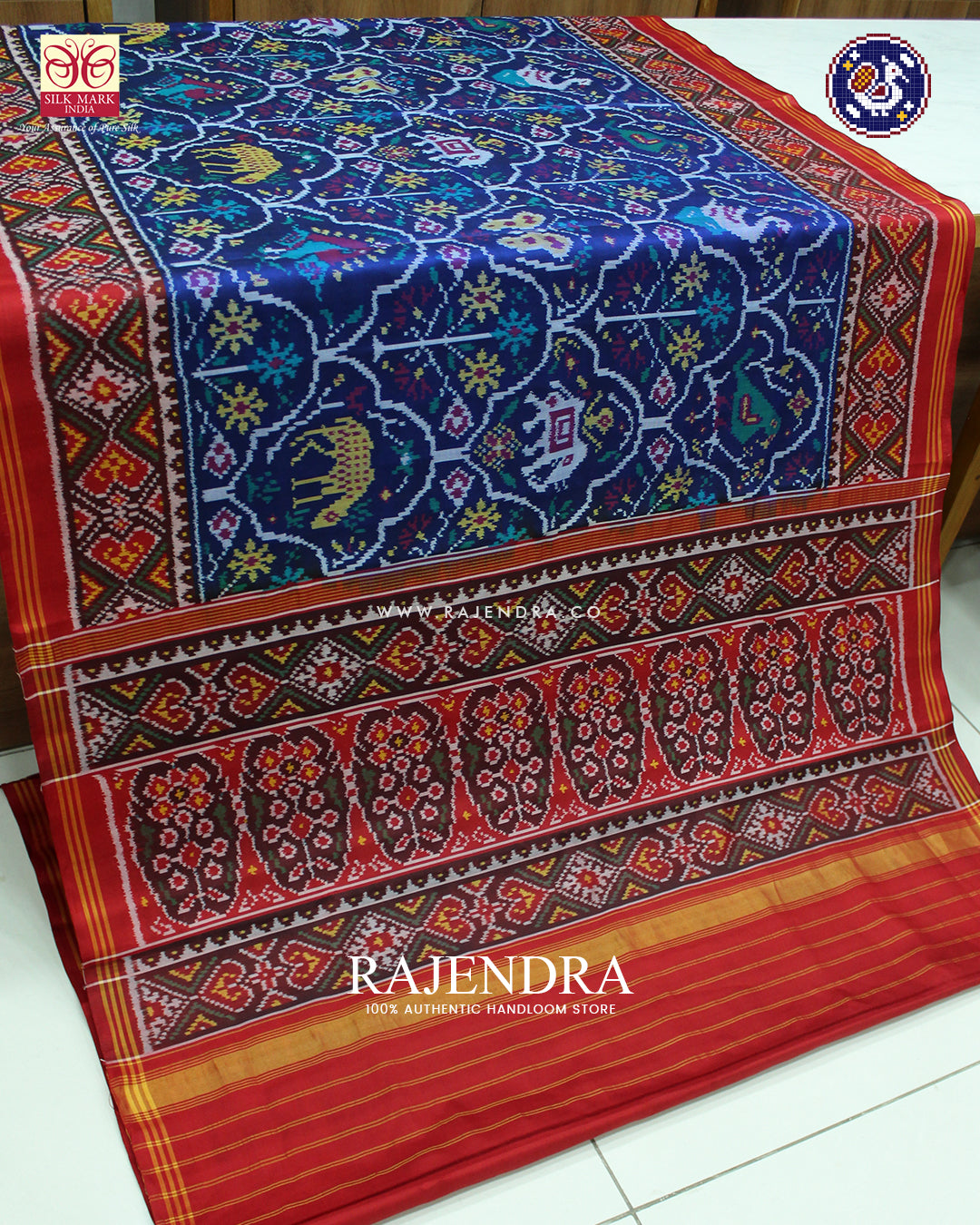 Exclusive 4 Figure Design Red and Blue Ikat Rajkot Patola Saree