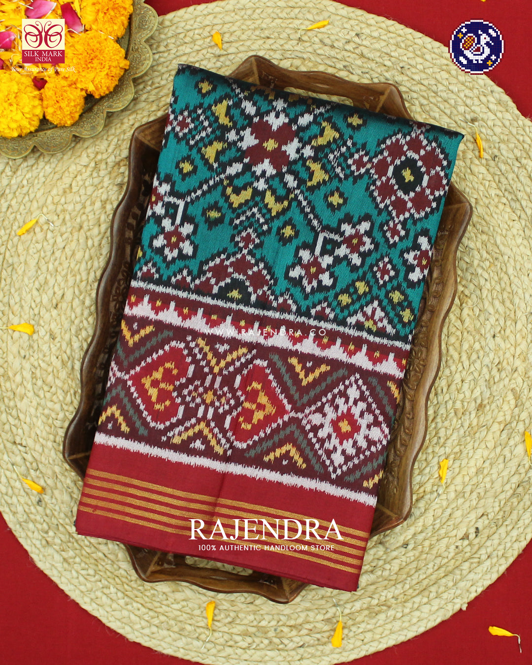 Traditional Navratna Design Red and Sea Green Ikat Rajkot Patola Saree