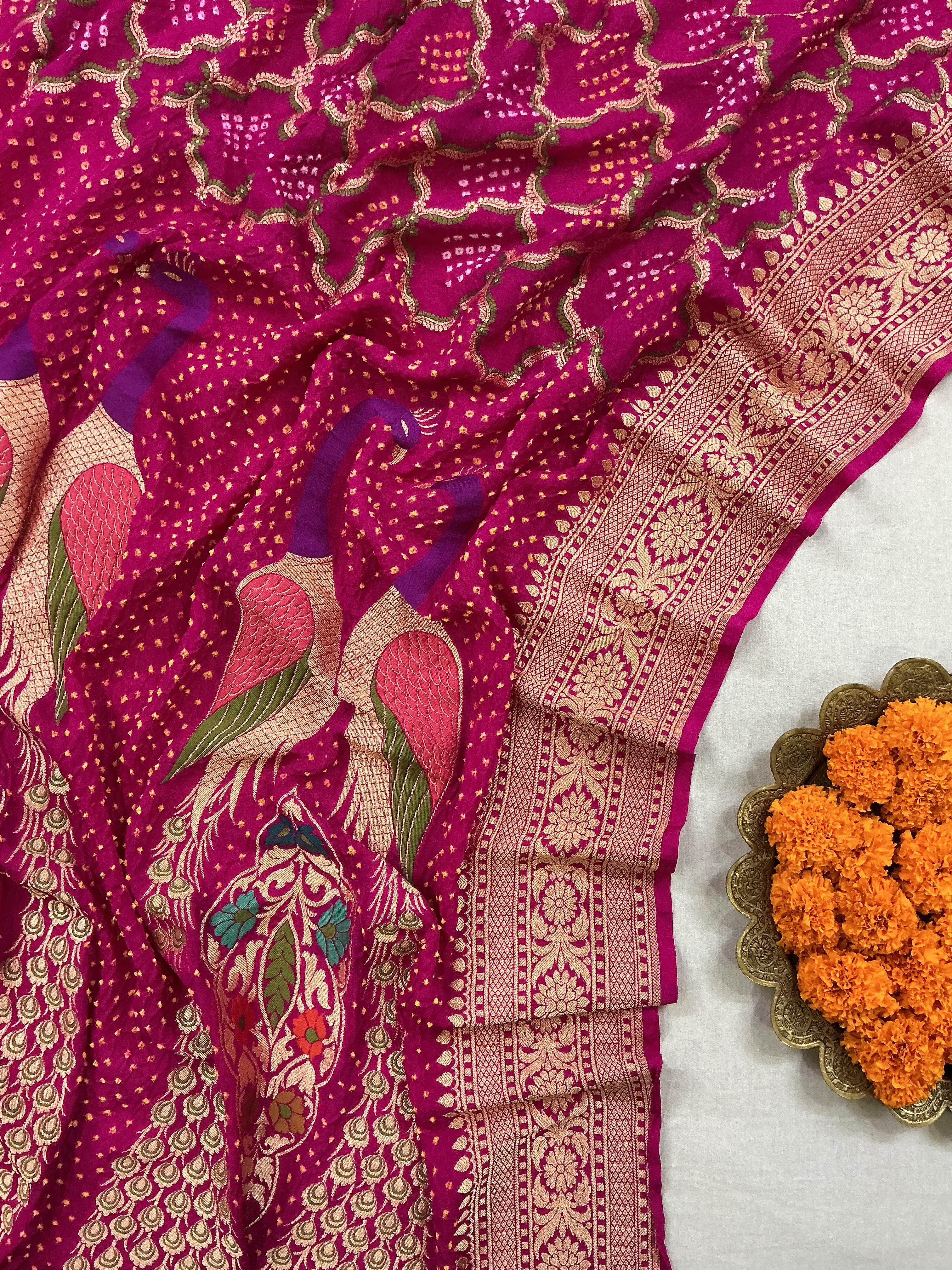 Exclusive Peacock Pink Purple Banarasi Bandhani Dupatta