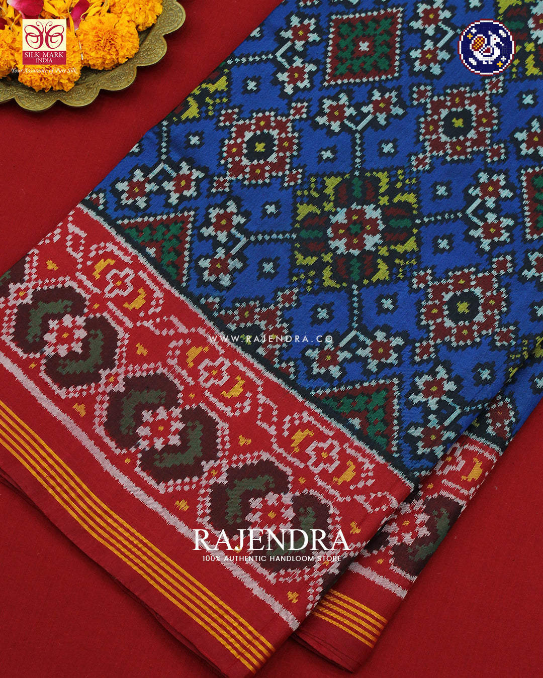 Traditional Navratna Design Red and Blue Ikat Patola Saree