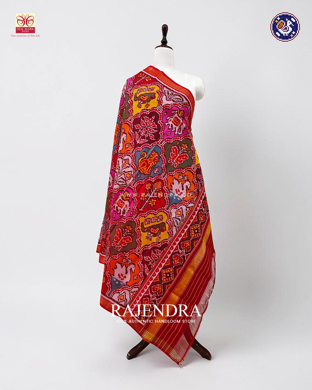 Traditional 6 Figure Design Red Ikat Rajkot Patola Dupatta