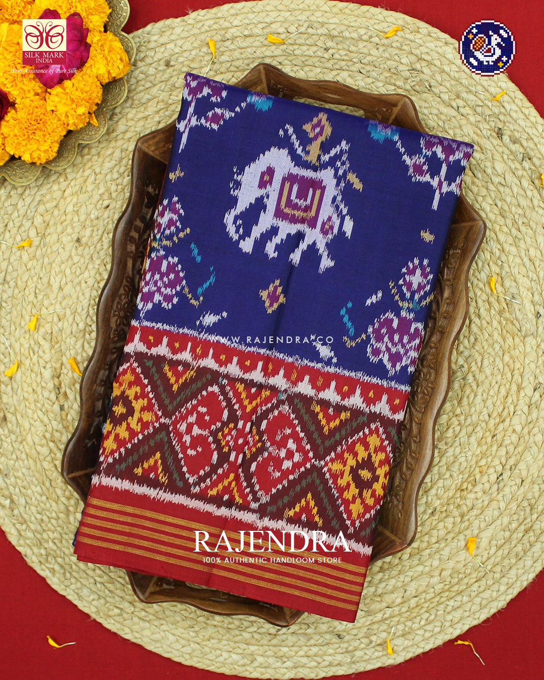 Exclusive 6 Figure Red and Blue Ikat Rajkot Patola Saree