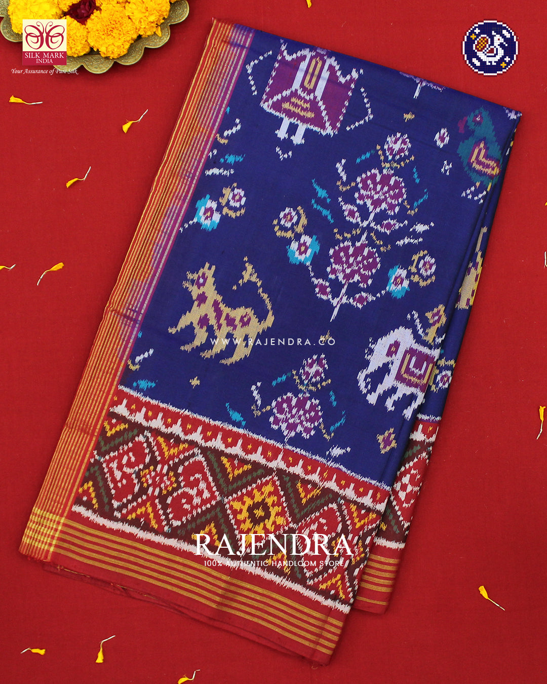 Exclusive 6 Figure Red and Blue Ikat Rajkot Patola Saree