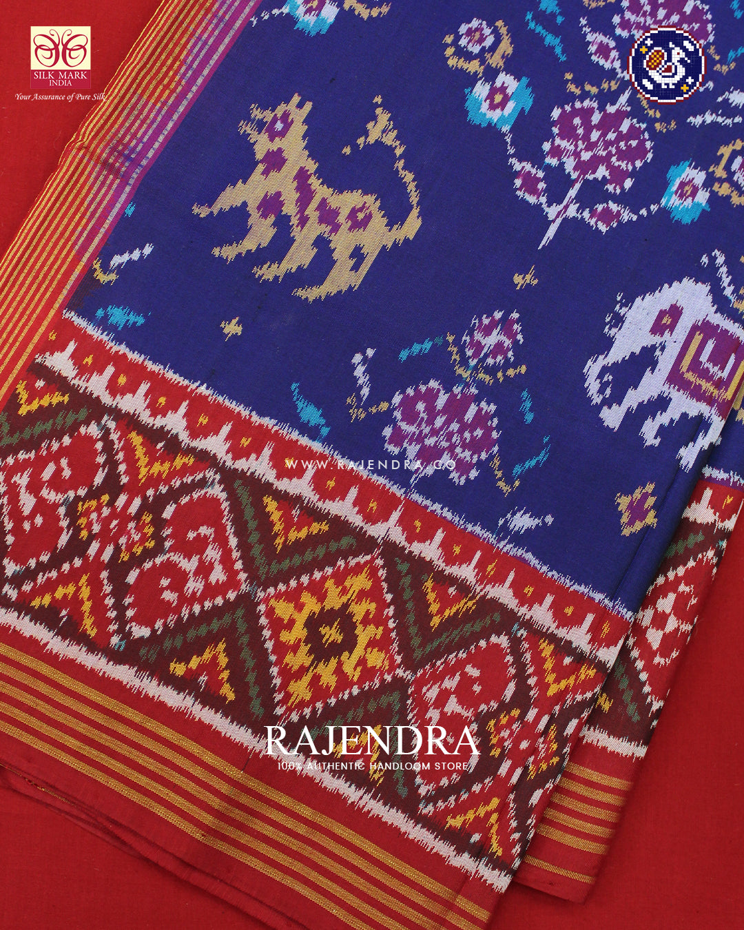 Exclusive 6 Figure Red and Blue Ikat Rajkot Patola Saree