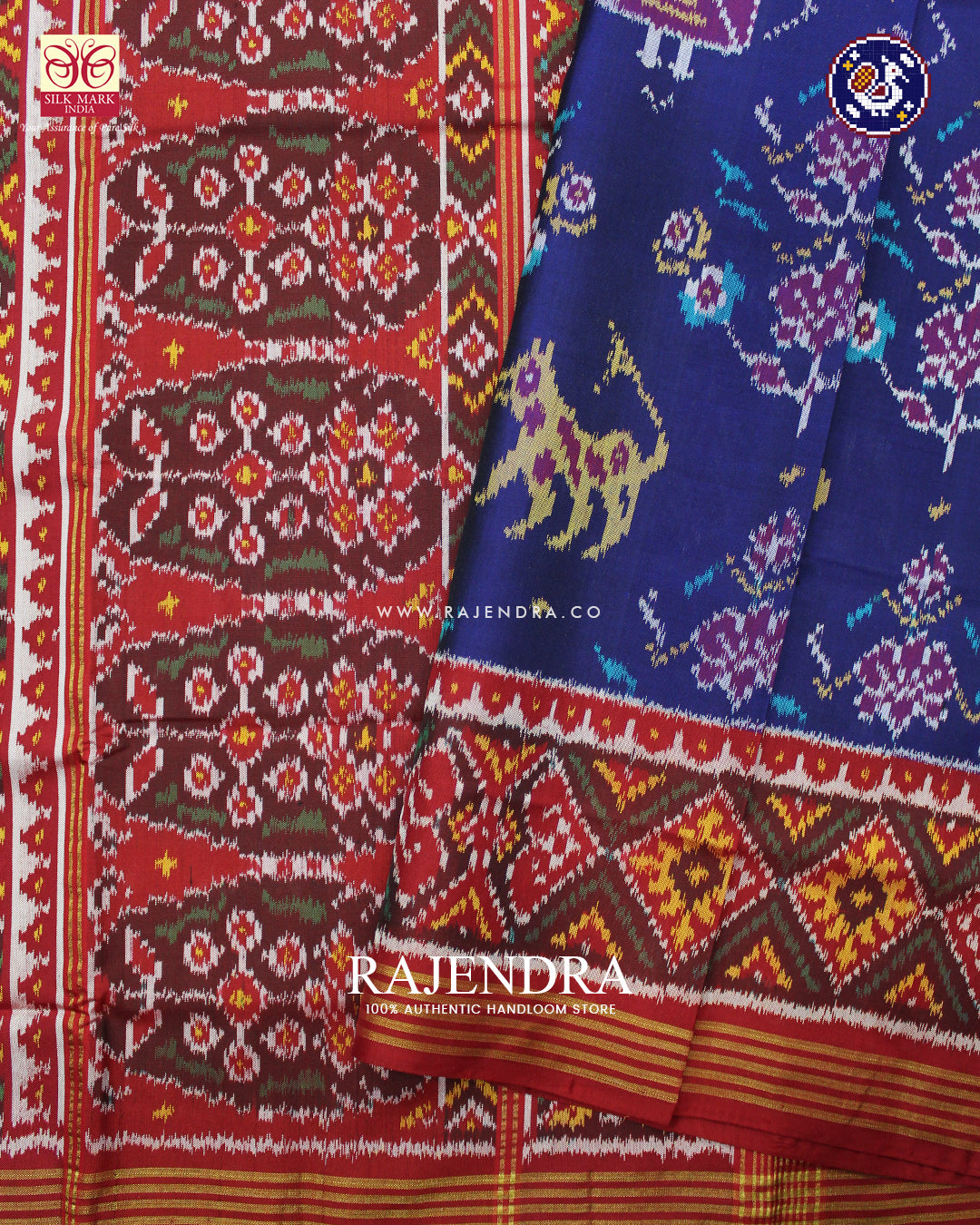 Exclusive 6 Figure Red and Blue Ikat Rajkot Patola Saree