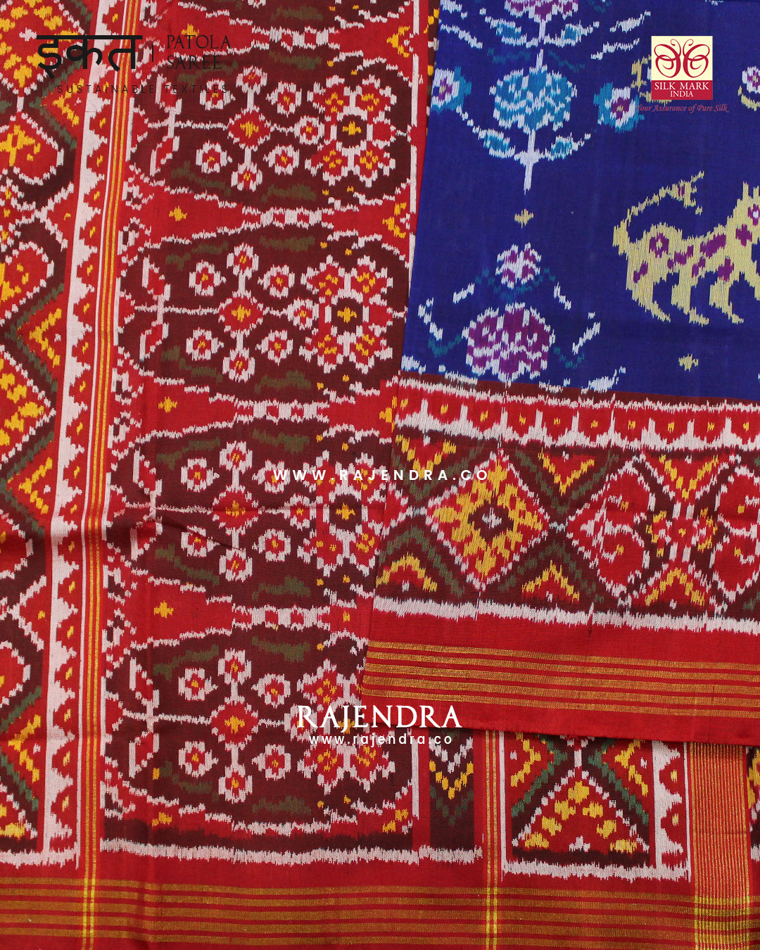 Exclusive 6 Figure Red and Blue Semi Double Ikat Rajkot Patola Saree