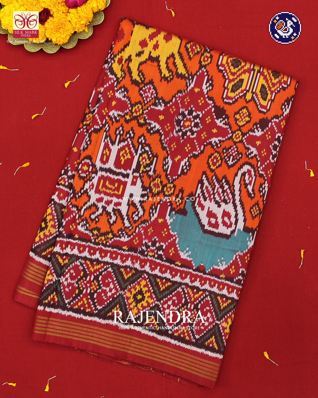Exclusive 6 Figure Red and Orange Ikat Rajkot Patola Saree